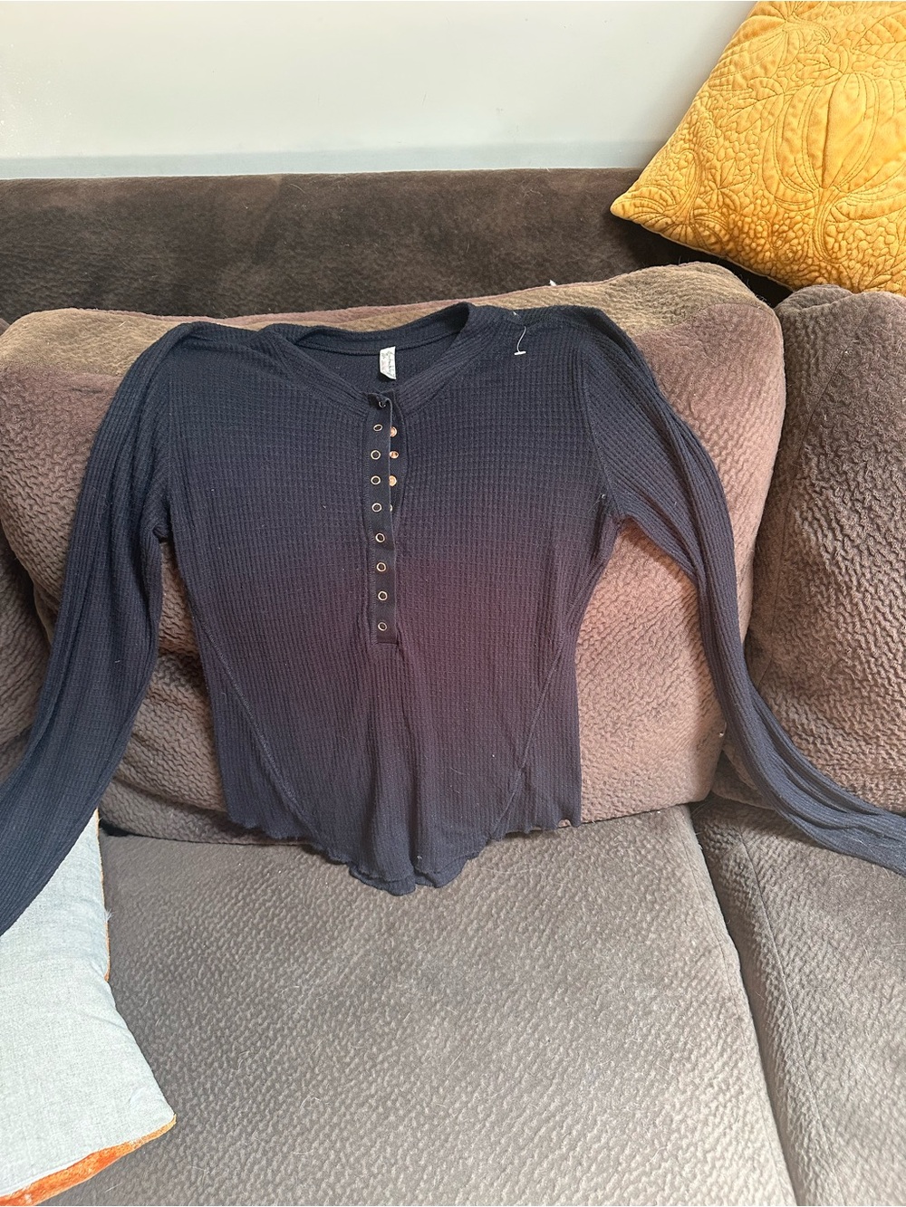 Free People Black Waffle-Knit Henley Long-Sleeve Top